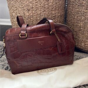 Fossil Croc-Embossed Satchel in Chestnut Brown